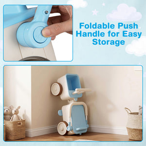Foldable push handle for easy storage with a toy scooter in a room setting.