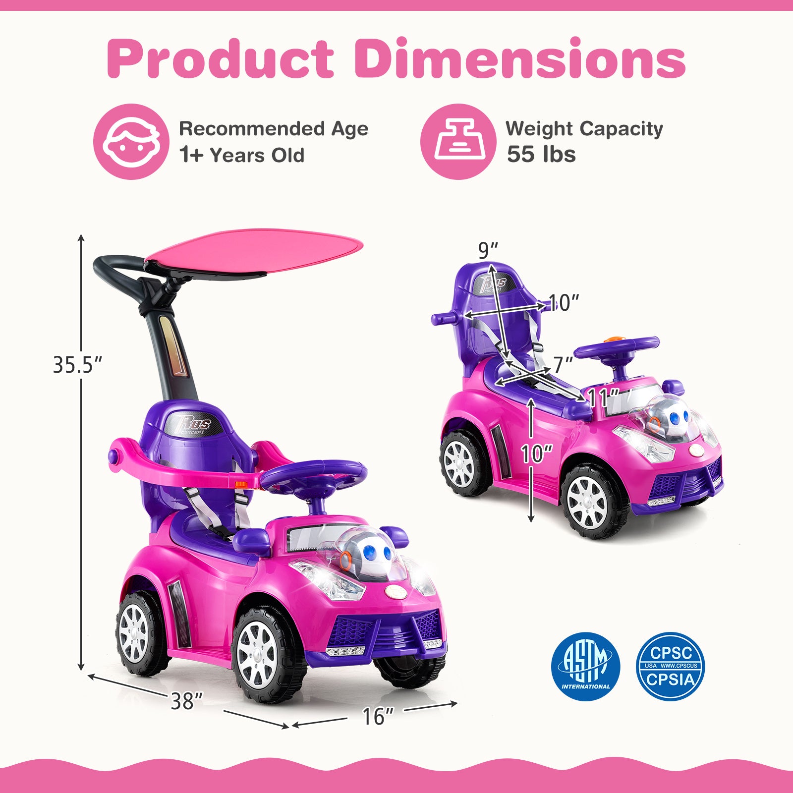Pink and purple toy car with dimensions and safety certifications on a pink background