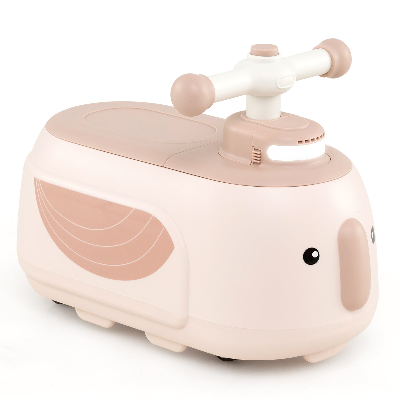 Toy whale with a steering wheel on a white background