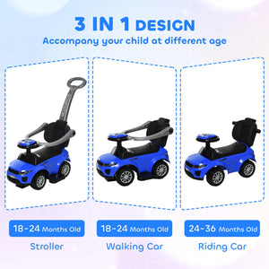 3-in-1 children's toy car with stroller, walking car, and riding car features on a light blue background.