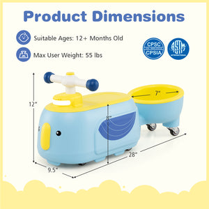 Children's toy with dimensions and safety information on a yellow background