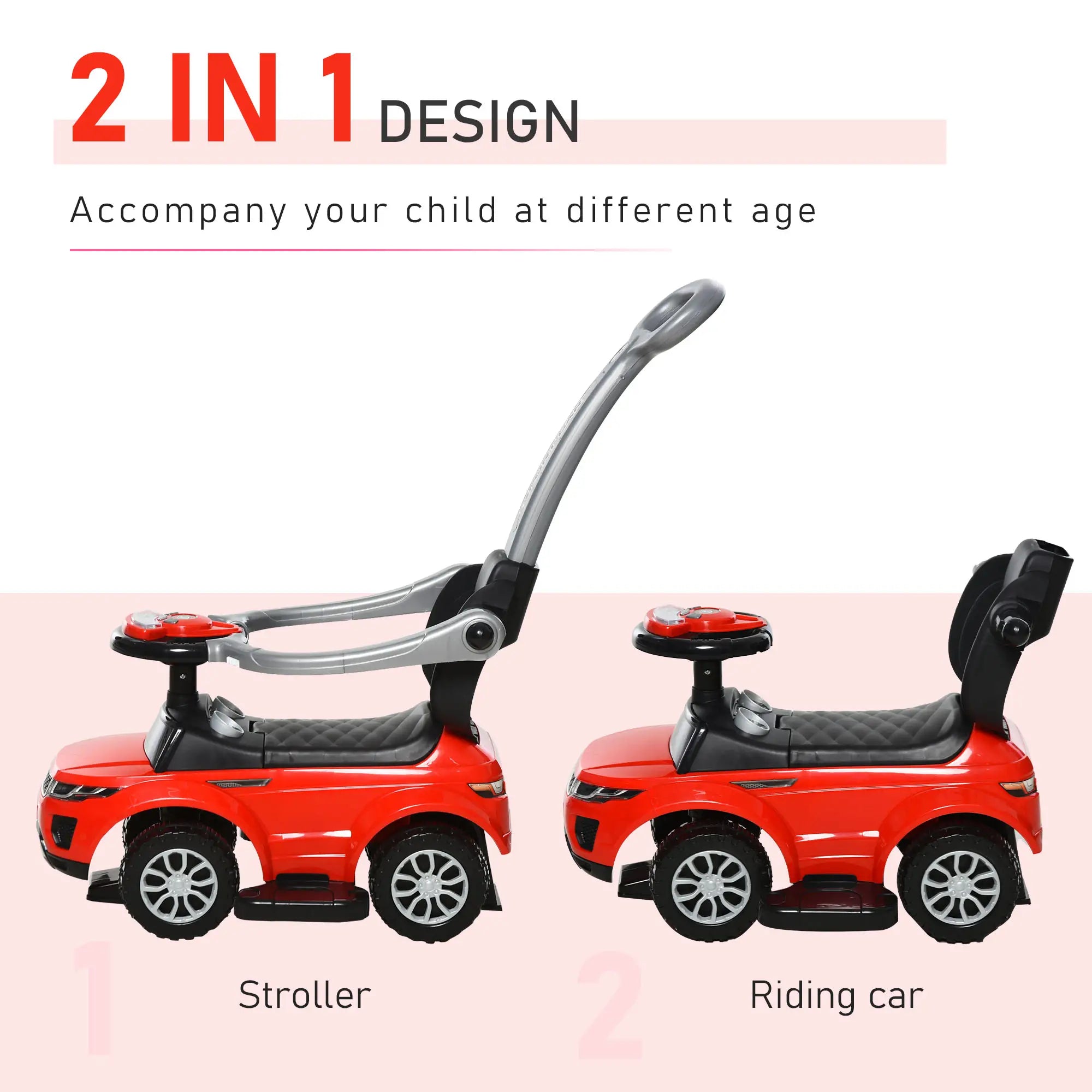 Red 2-in-1 stroller and riding car with text on a pink background