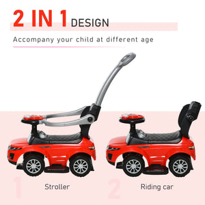 Red 2-in-1 stroller and riding car with text on a pink background