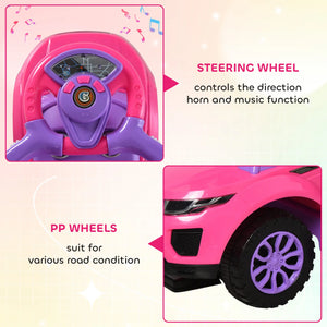 Pink toy car with steering wheel and PP wheels on a light pink background