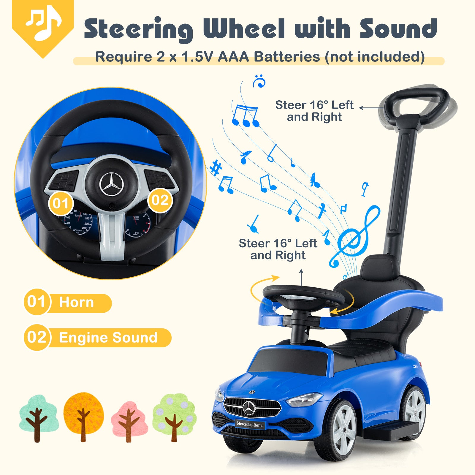Children's toy car with steering wheel and sound features on a white background