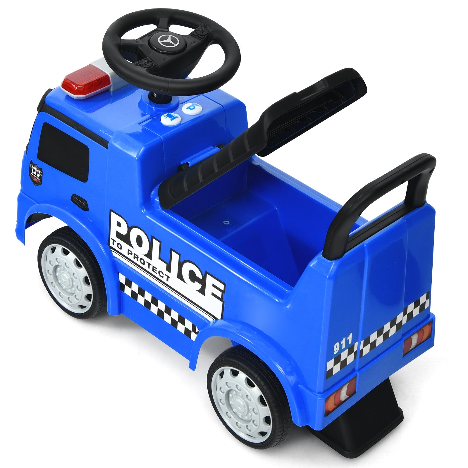 Blue toy police car with steering wheel and checkered details on a white background