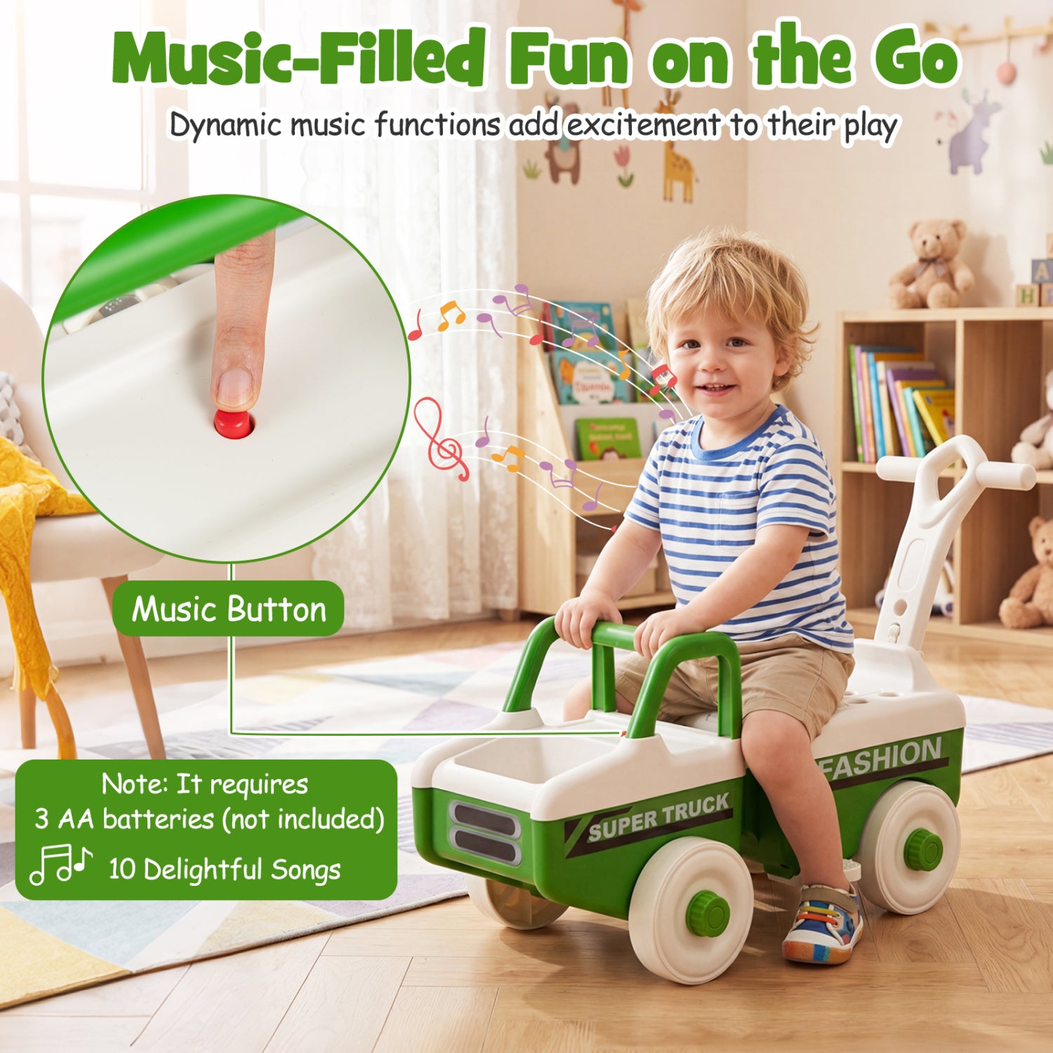 Child playing with a toy truck in a room with educational toys and books.