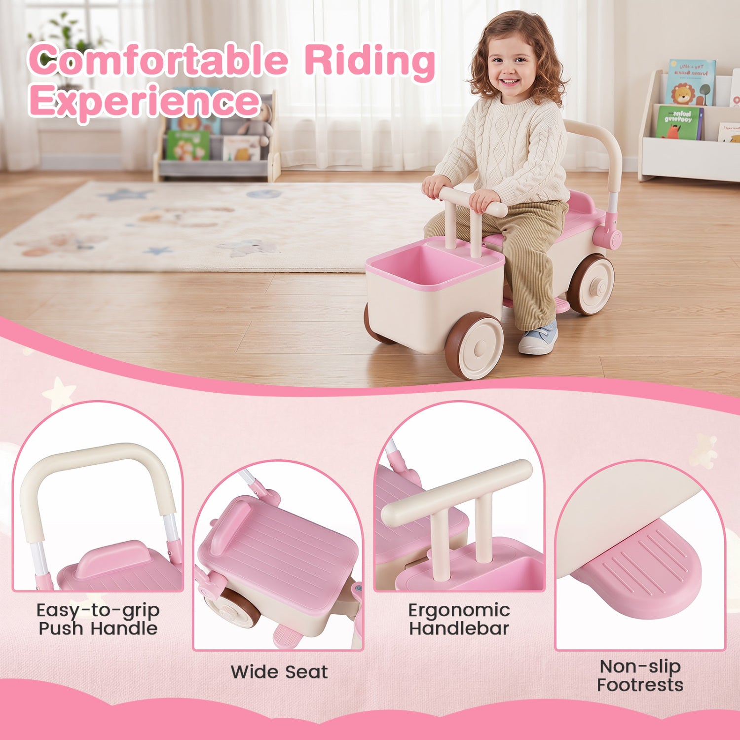 Child riding a pink and beige toy pushchair with features highlighted on a pink banner.