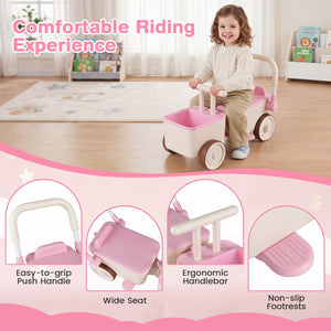 Child riding a pink and beige toy pushchair with features highlighted on a pink banner.