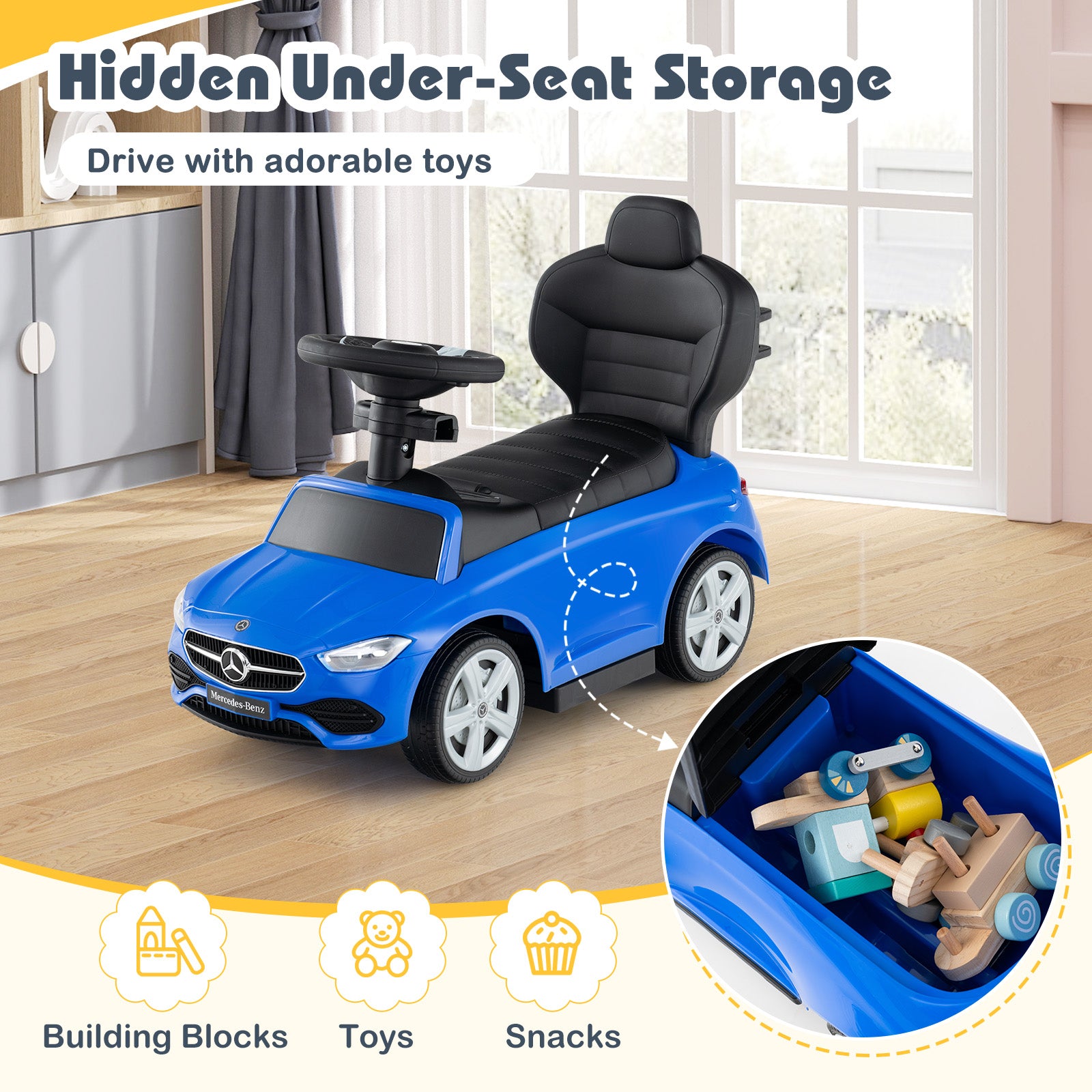 Blue toy car with hidden under-seat storage on a wooden floor.