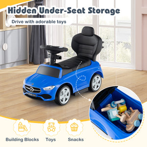 Blue toy car with hidden under-seat storage on a wooden floor.