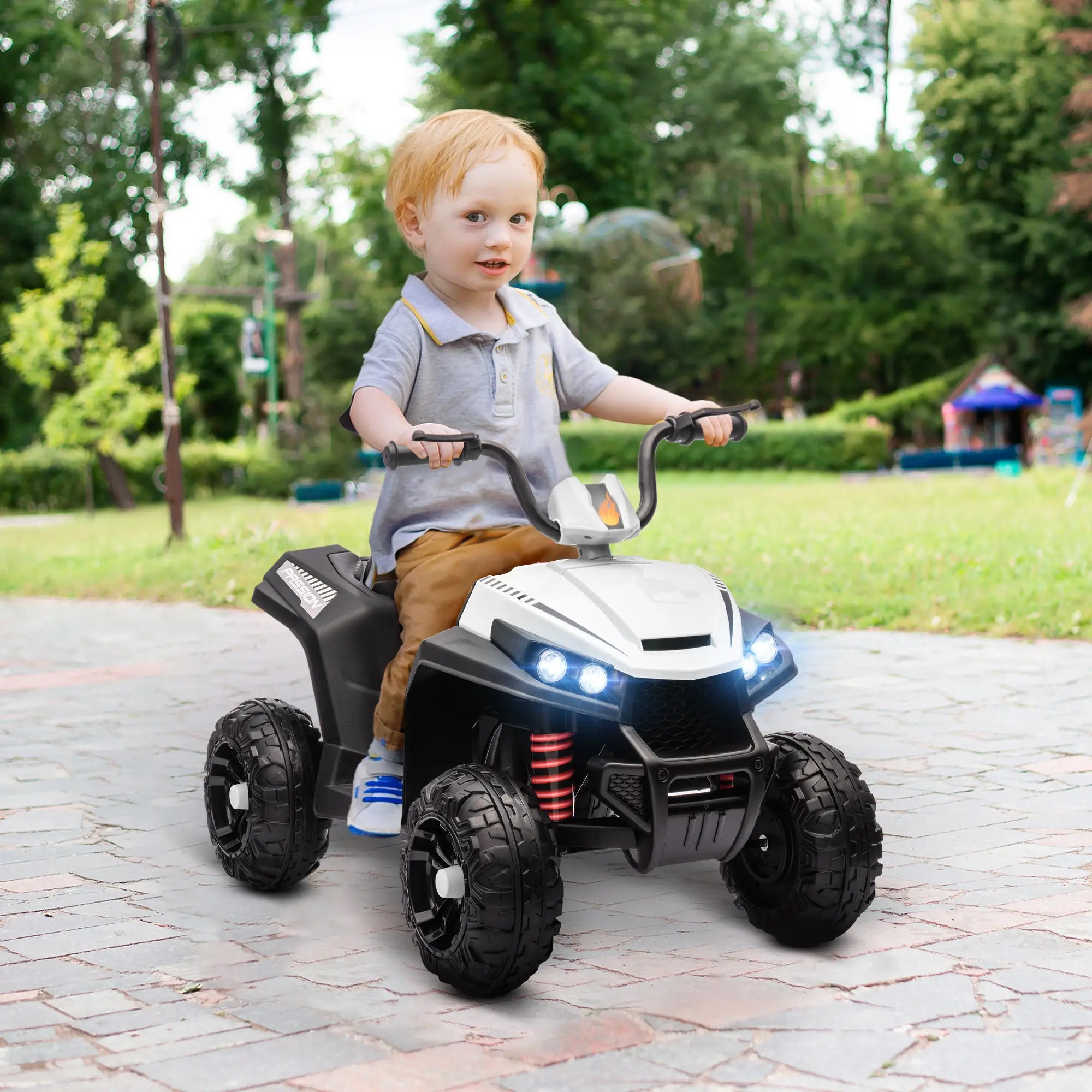 Qaba white kids ATV with dual motor system and 12V rechargeable battery