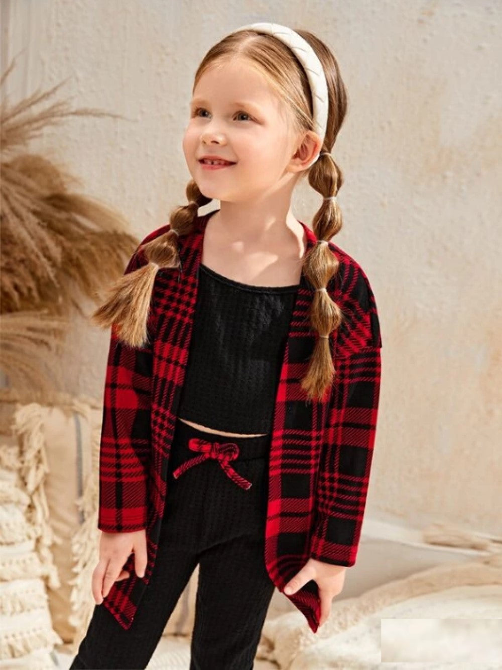 Kids EVRYDAY Toddler Girls Plaid Print Open Front Top & Cami Top & Leggings