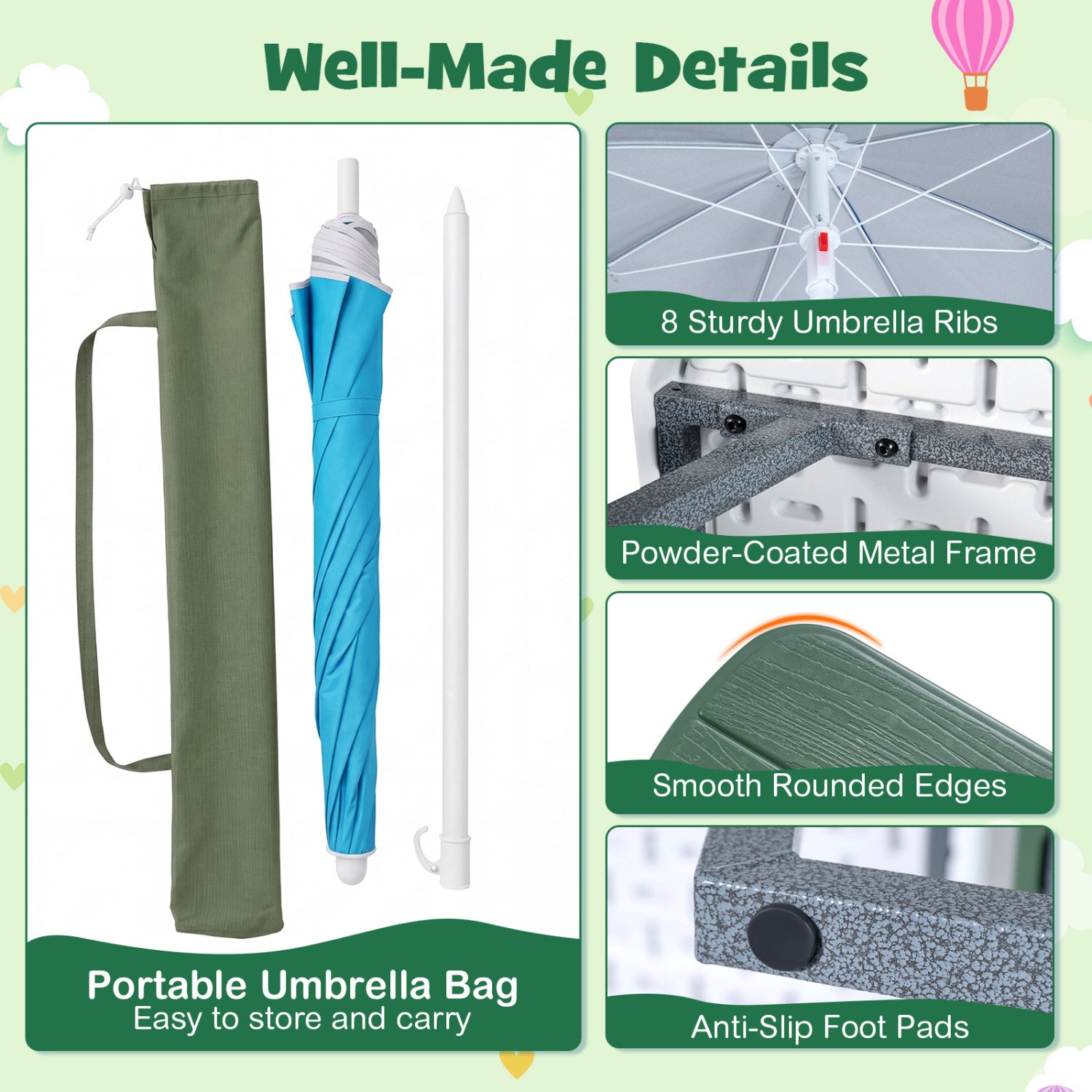 Collage of an umbrella with features highlighted on a green background