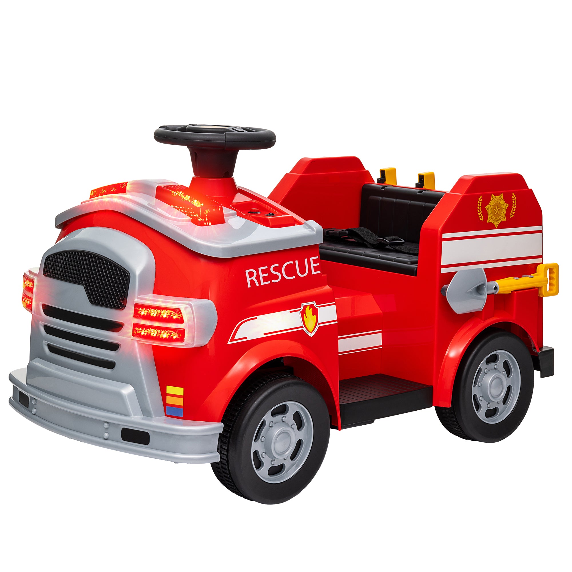 Ride-on fire engine toy with fire extinguisher, shovel, and wrench for kids