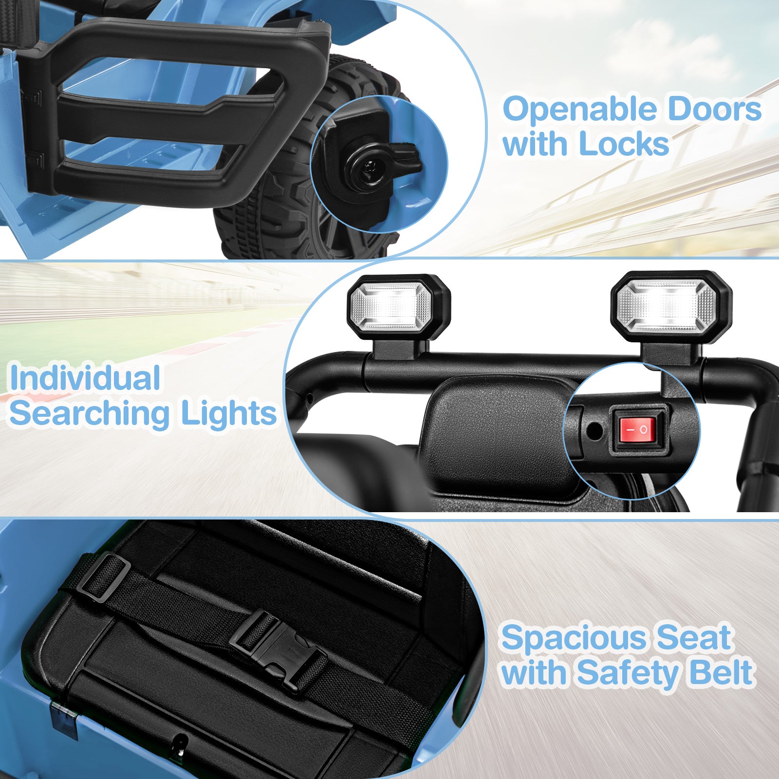 Features of a vehicle-like structure with openable doors, searching lights, and a spacious seat.