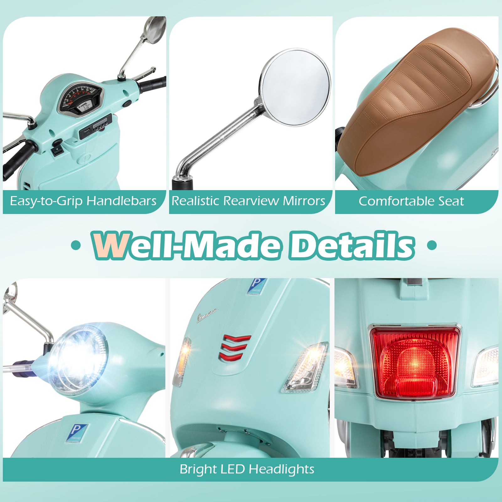 Collage of a light blue scooter with features highlighted on a light blue background.