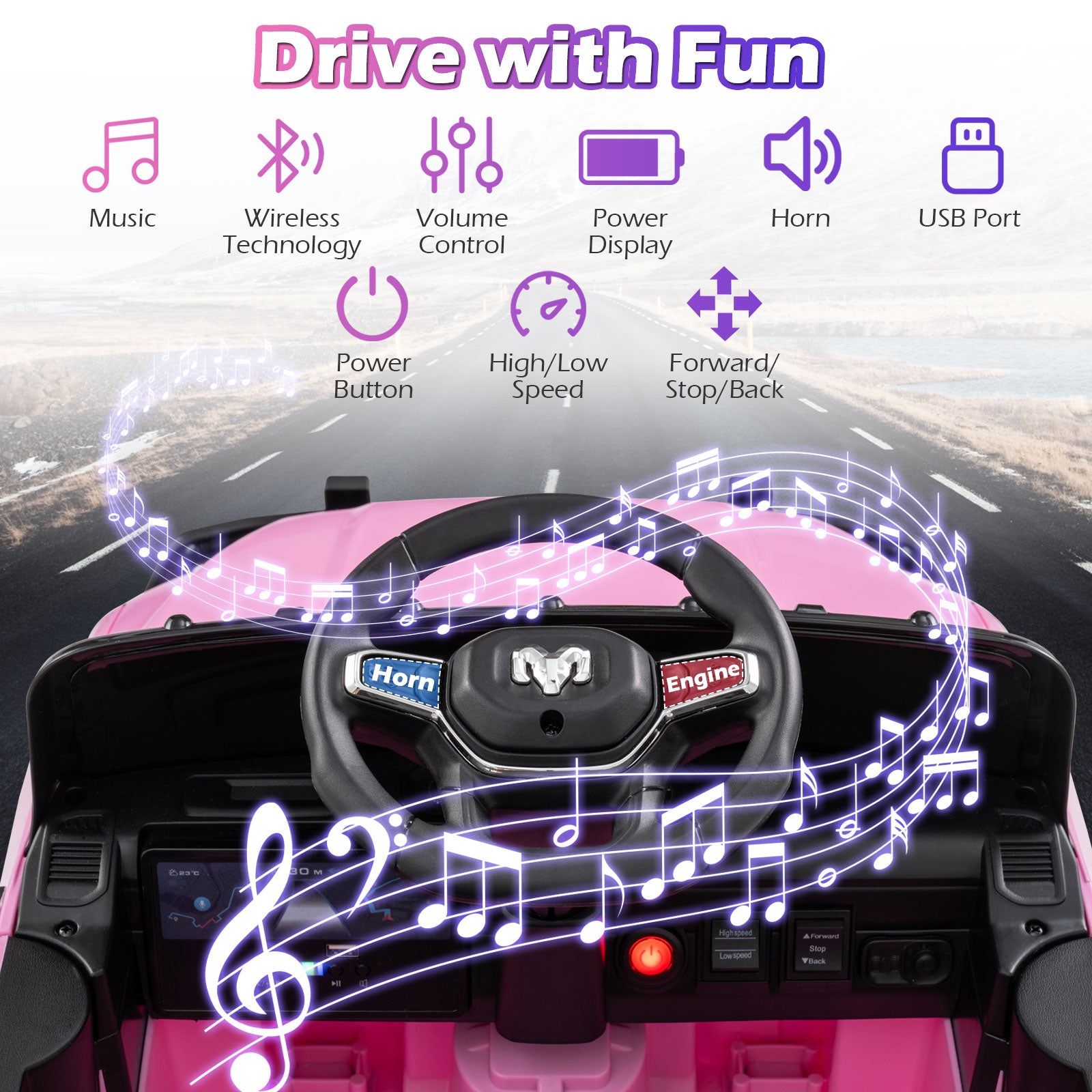 Children's toy car with steering wheel and dashboard, featuring music and wireless technology icons.