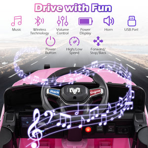 Children's toy car with steering wheel and dashboard, featuring music and wireless technology icons.