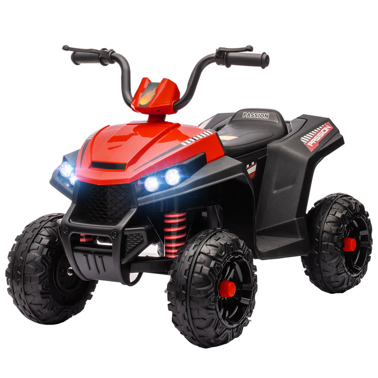 Realistic front view of red kids ATV with working LED headlights and rugged tires