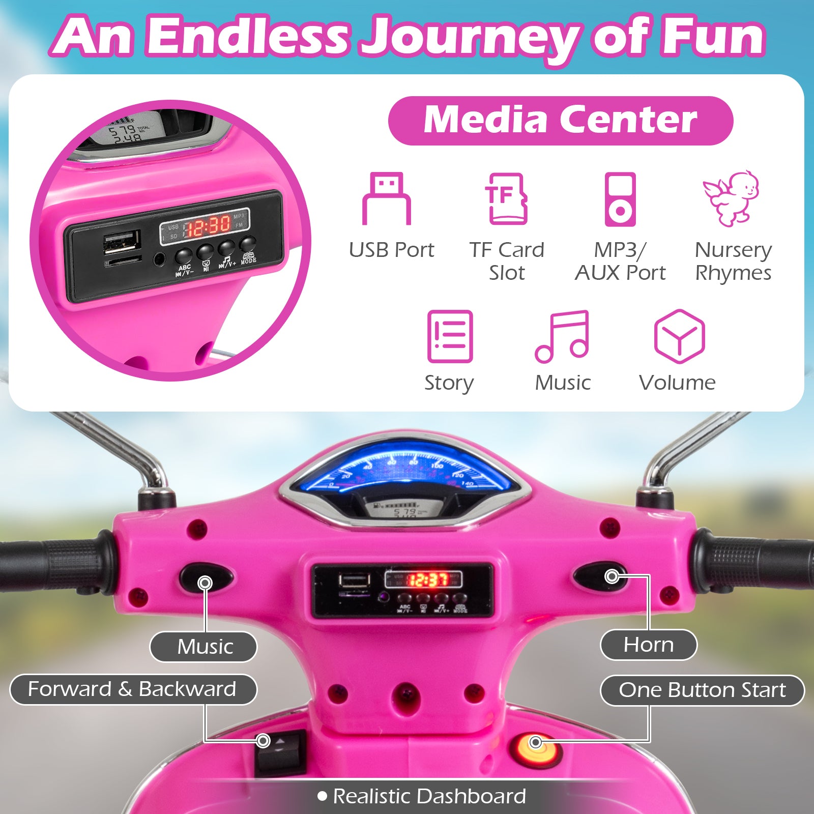 Pink toy vehicle with digital dashboard and control panel, featuring media center functions.