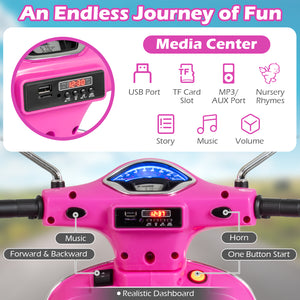 Pink toy vehicle with digital dashboard and control panel, featuring media center functions.