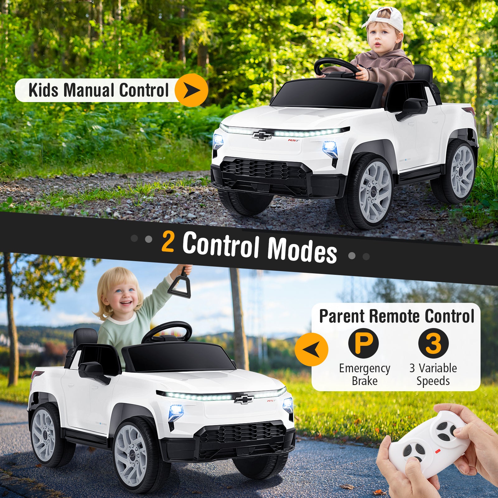 Children's electric toy car with manual and remote control options in a natural setting.