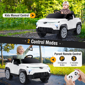 Children's electric toy car with manual and remote control options in a natural setting.