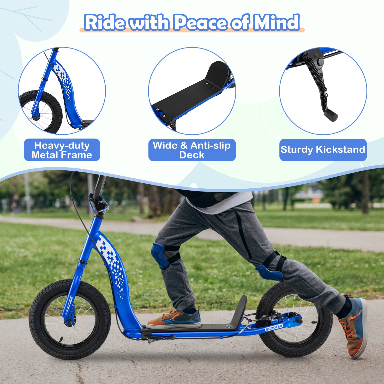 Child riding a blue scooter with features highlighted on a green outdoor background