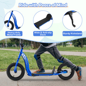 Child riding a blue scooter with features highlighted on a green outdoor background