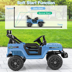 Blue off-road toy car with a soft start function diagram on a grassy background