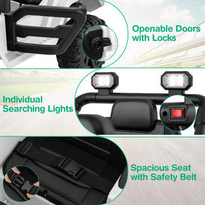 Product features including openable doors with locks, individual searching lights, and a spacious seat with safety belt.