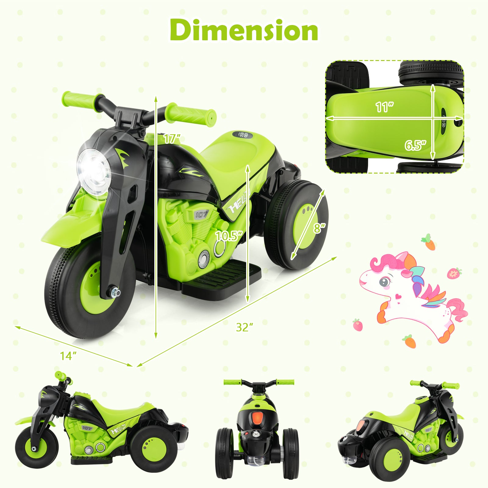 Green toy motorcycle with dimensions and additional views on a white background