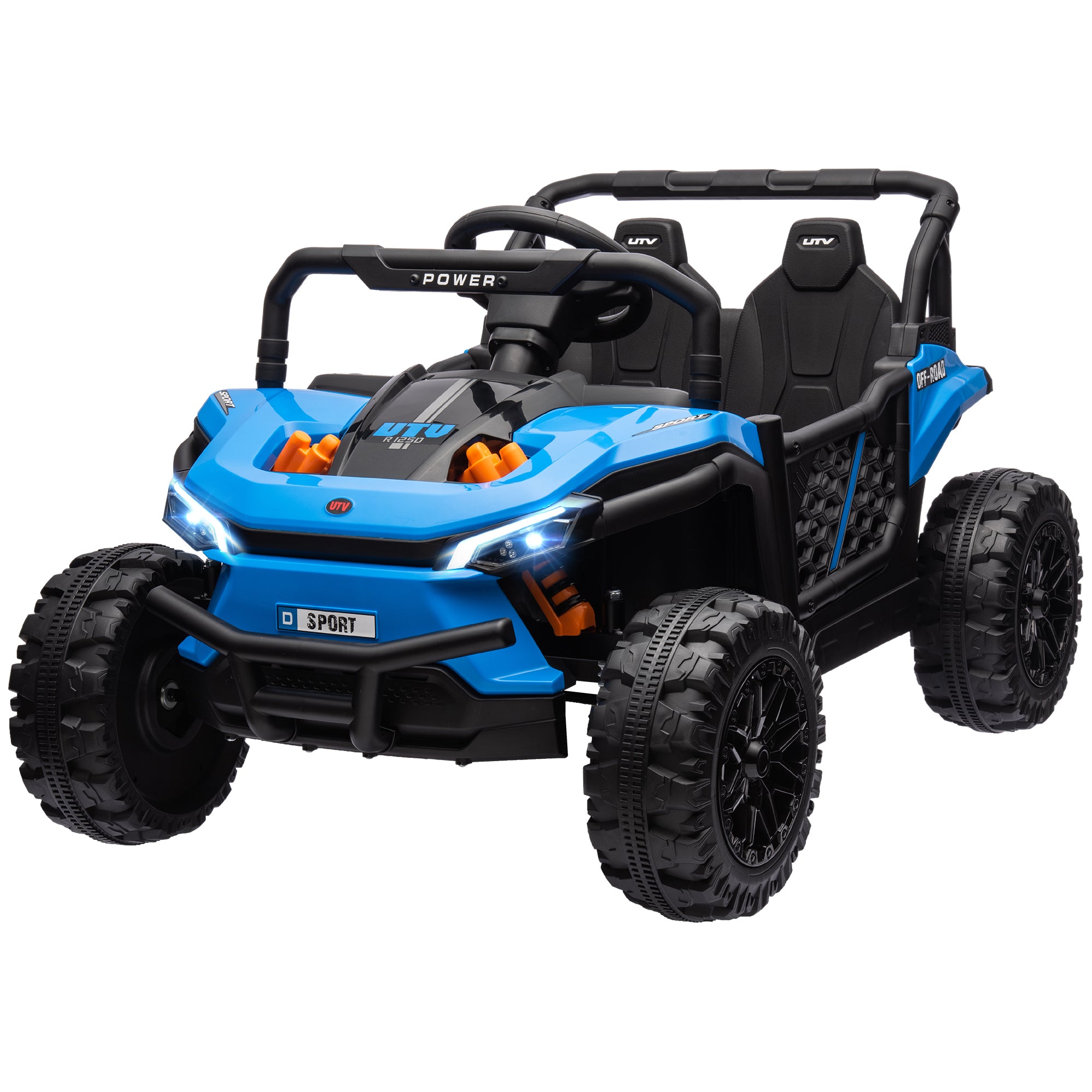 Blue and black toy off-road vehicle on a white background