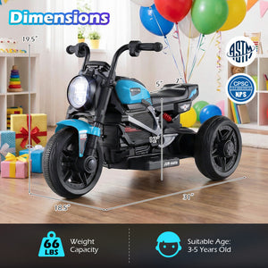 Children's toy motorcycle with dimensions and safety certification logos in a room with balloons and gifts.