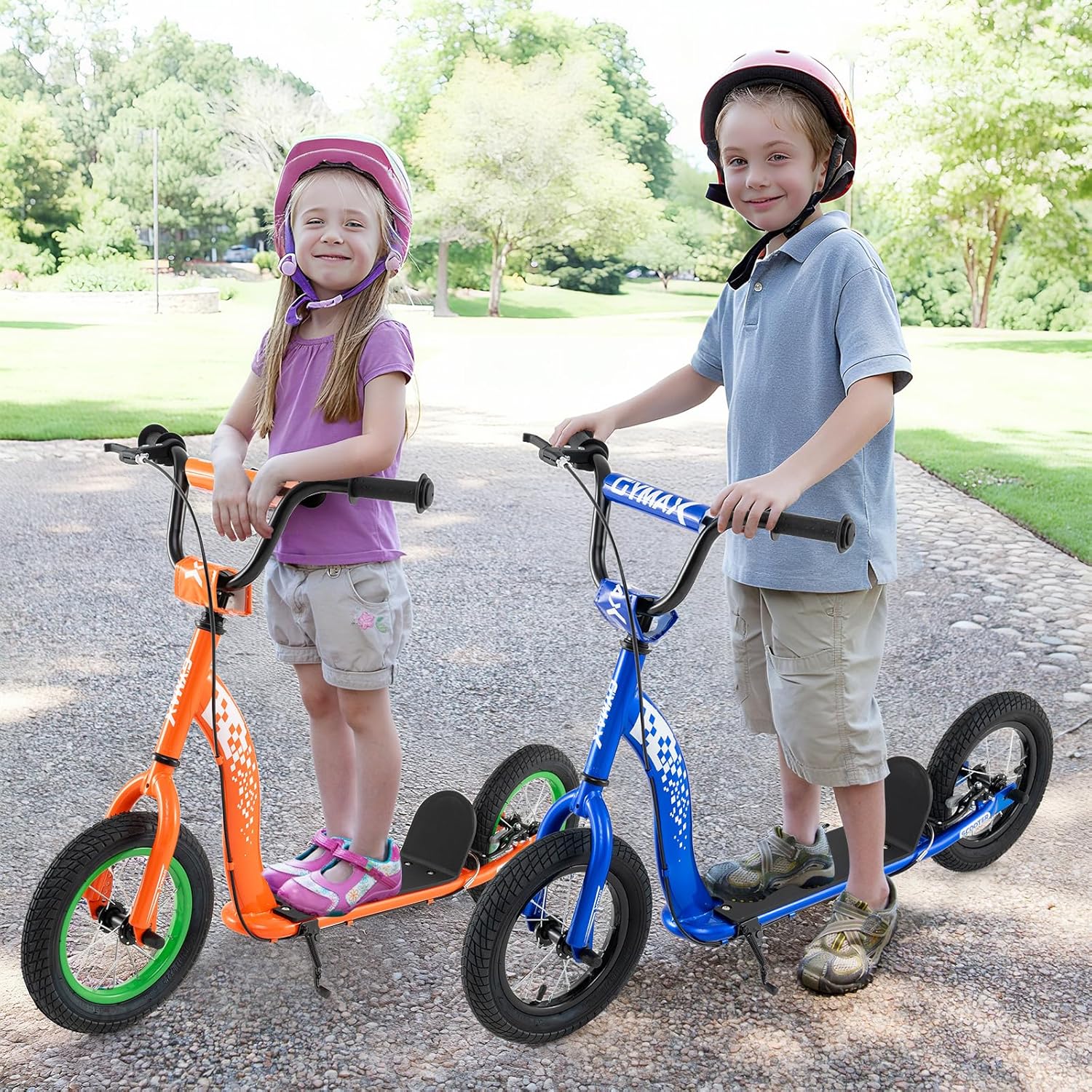 Two children on scooter bikes in a park