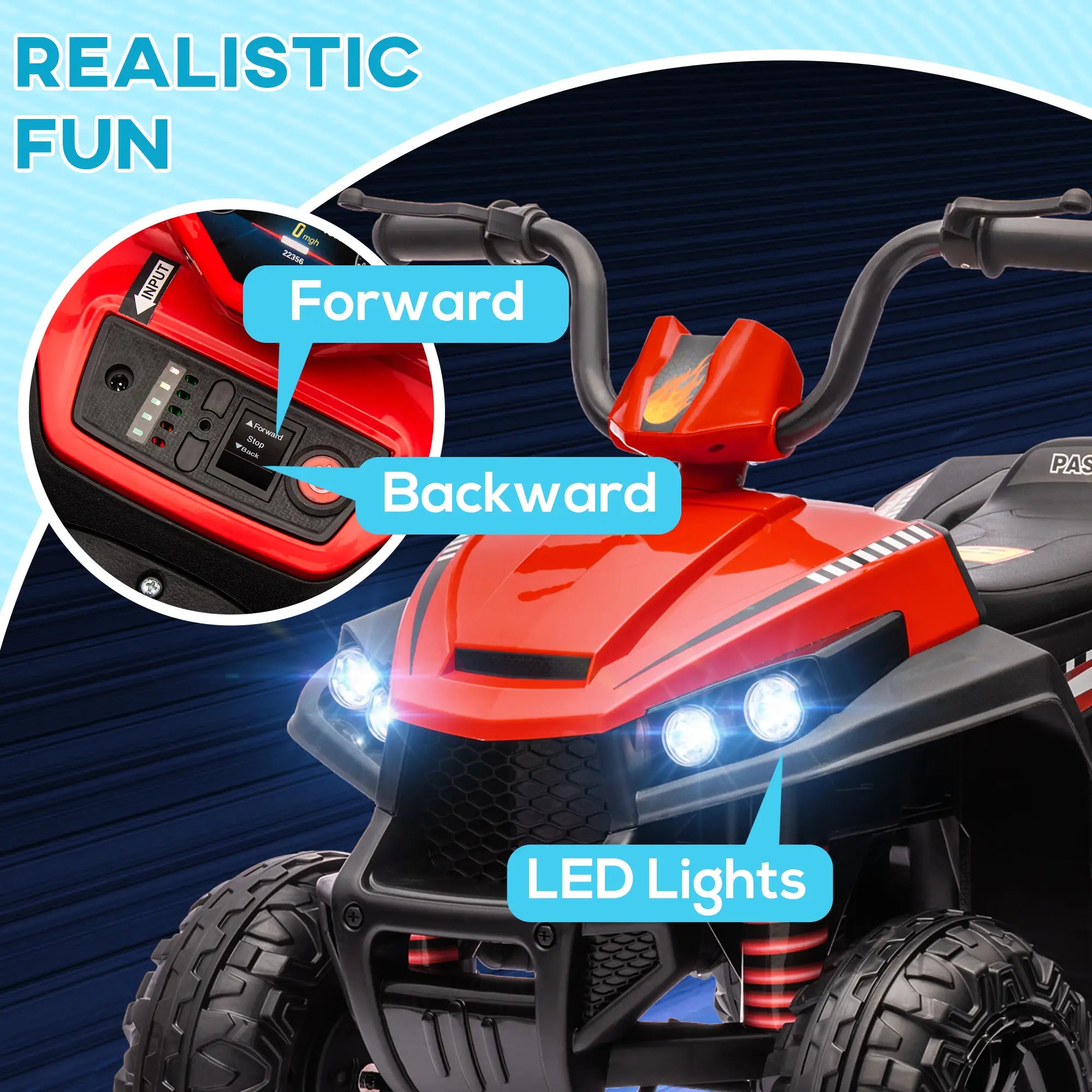 Red electric ATV for kids with wide seat and full four-wheel suspension system