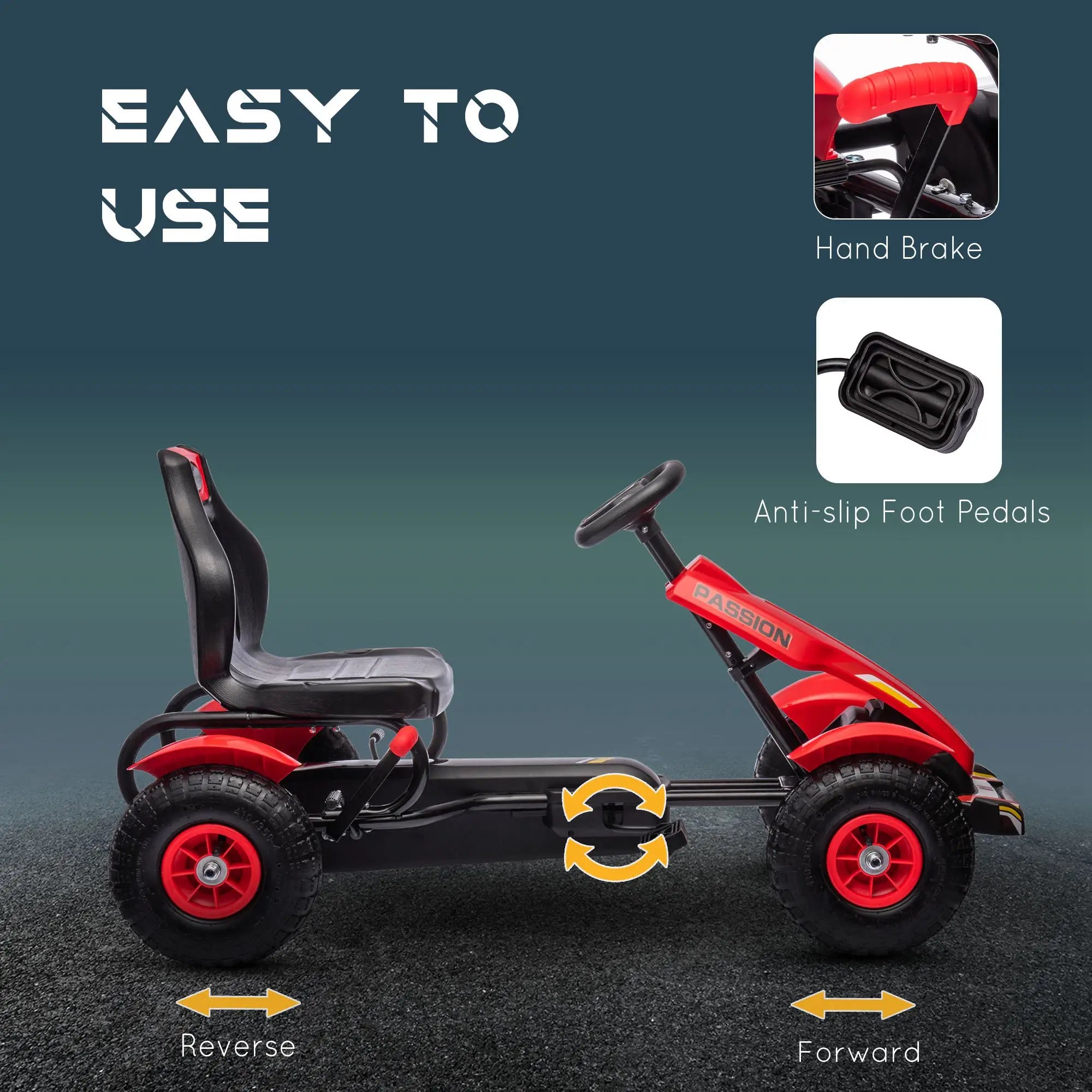 Red kids go kart with sharp handling for smooth steering