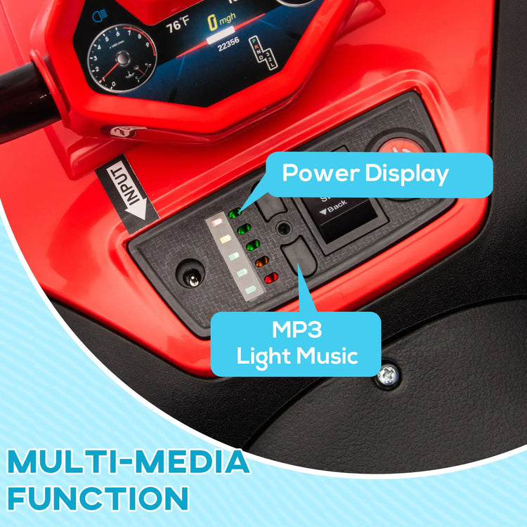 Red kids ride-on ATV designed for outdoor fun on cement, asphalt, and gravel surfaces