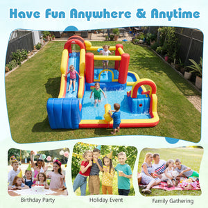 Inflatable water slide with children playing in a backyard, surrounded by text 'Have Fun Anywhere & Anytime'.