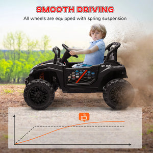 Child driving a black toy off-road vehicle with 'Smooth Driving' text and suspension graphic.