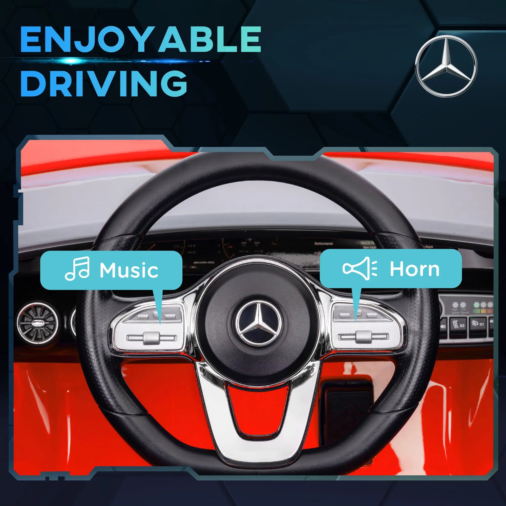 Parent using remote control for Mercedes-Benz AMG toy car.