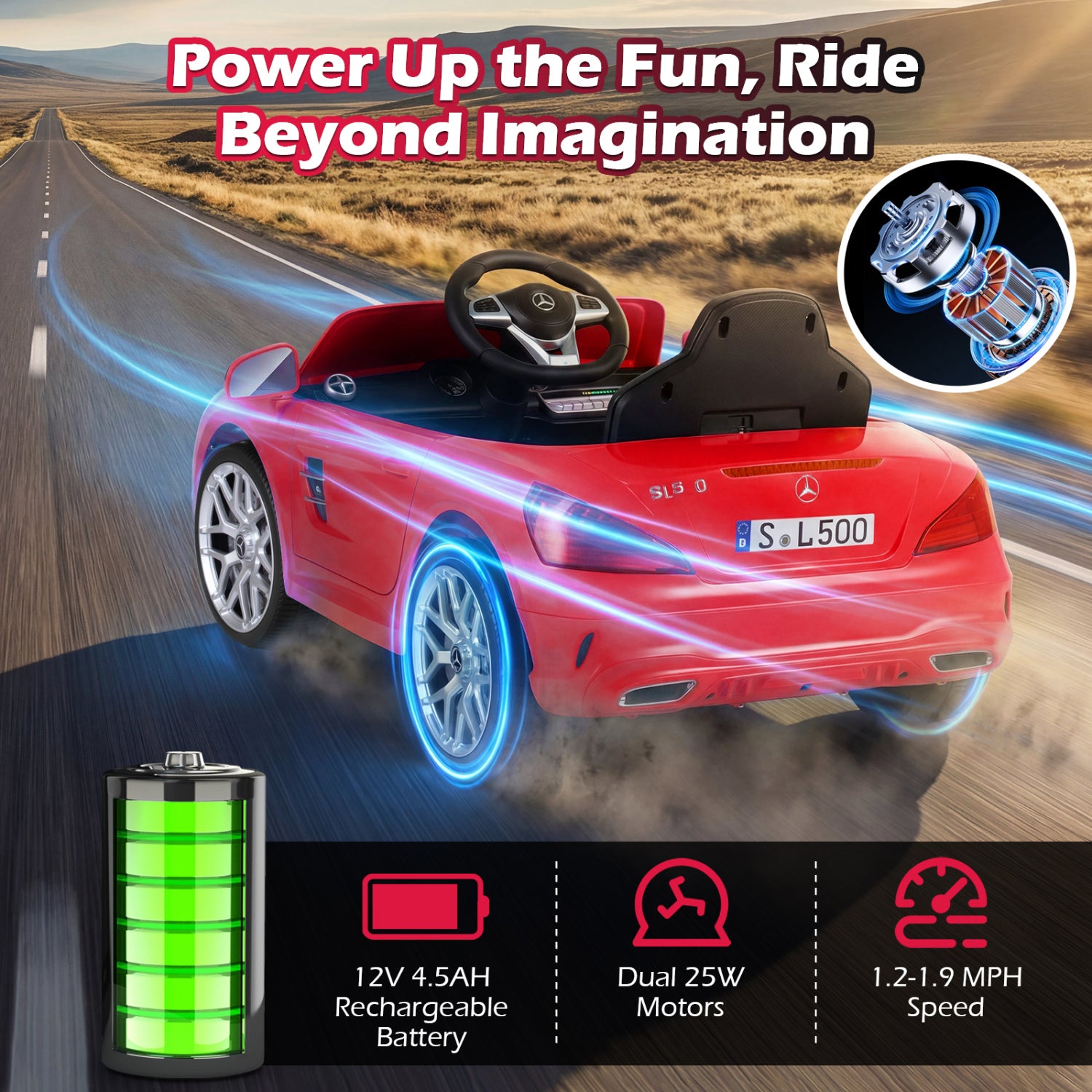 Red toy car with glowing wheels on a road, featuring text and battery icon.