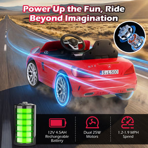 Red toy car with glowing wheels on a road, featuring text and battery icon.
