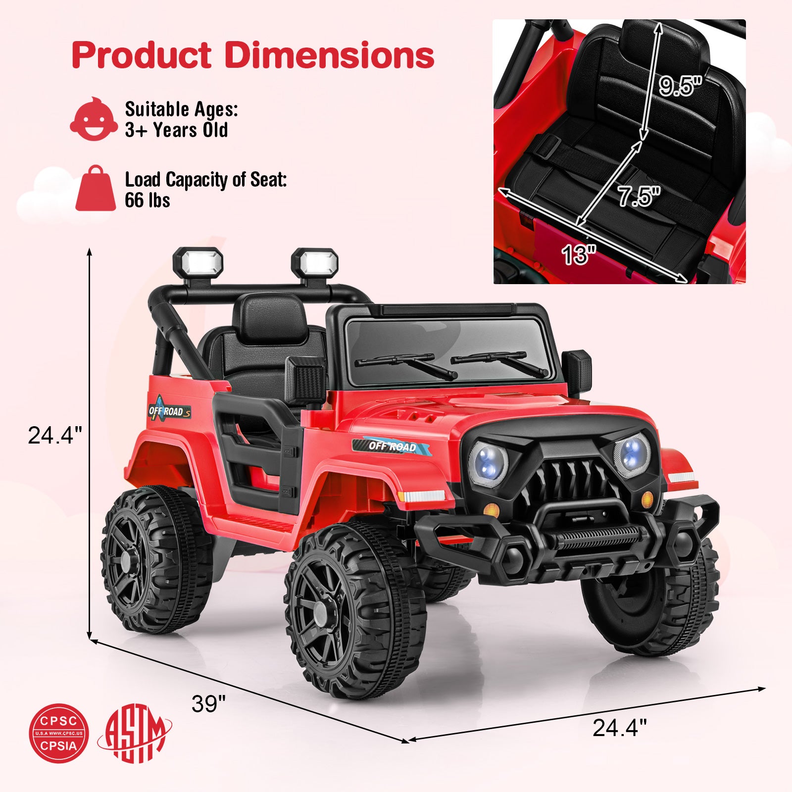 Red toy jeep with dimensions and safety certifications on a light pink background
