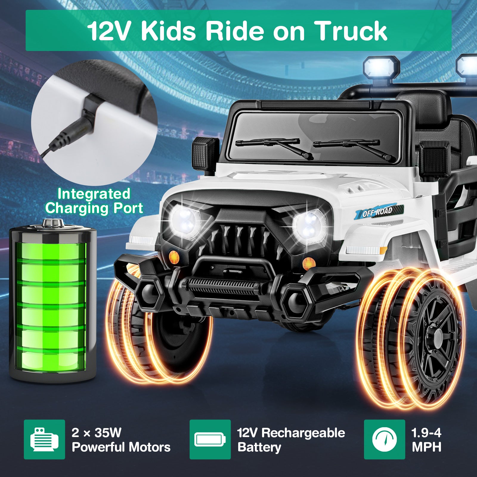 12V kids ride on truck with charging port and battery display on a blue background
