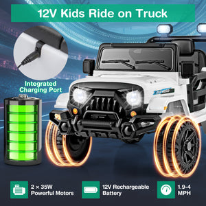 12V kids ride on truck with charging port and battery display on a blue background