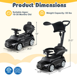 Dimensions of a black toy car and scooter with safety certification logos.