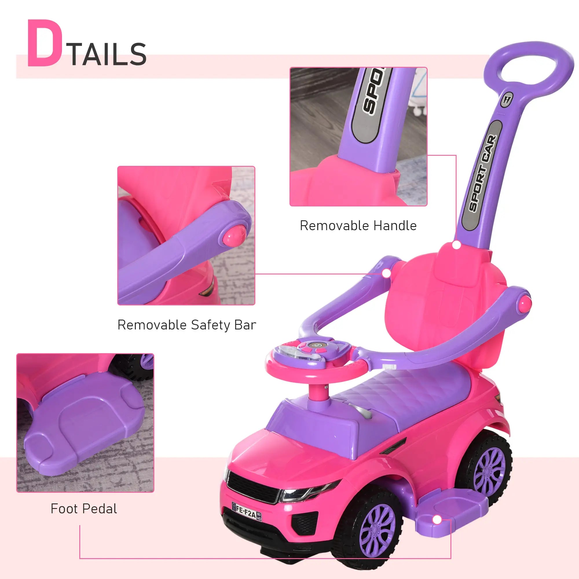  Toddler ride-on car with removable safety bar