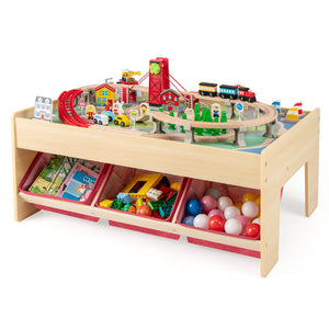 Wooden activity table with two reversible tabletops for multiple activities